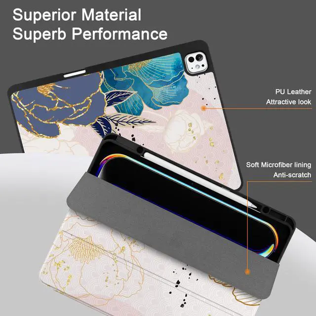 Alt view image 4 of 5 - Yebiseven Case for M4 iPad Pro 13 inch 2024 Released Model A2925/A2926/A3007, Shockproof Tablet Case with Pencil Holder & Auto Wake/Sleep & Soft TPU Back Cover, Golden Peony