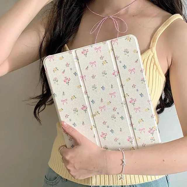 Alt view image 2 of 5 - Triple Adjustable Kickstand Hard Folio Case for Apple iPad 10 10th Gen 10.9 inch 2022 Model Tablet Cream White Pink Bow Flowers Floral Refreshing Chic Delicate Cute Lovely Cartoon Girls Kids