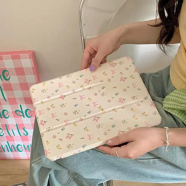 Alt view image 3 of 5 - Triple Adjustable Kickstand Hard Folio Case for Apple iPad 10 10th Gen 10.9 inch 2022 Model Tablet Cream White Pink Bow Flowers Floral Refreshing Chic Delicate Cute Lovely Cartoon Girls Kids