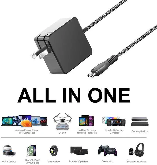 Alt view image 4 of 5 - HKY 65W USB Type C Charger for Nimo N151 N151S N152 N153 N154 15.6" N171 N171S 17.3" FHD Laptop Notebook PC PD3.0 GaN 60W 65w USB-C Power Supply Travel Charger with 6.6ft USB C Cable & Foldable Plug