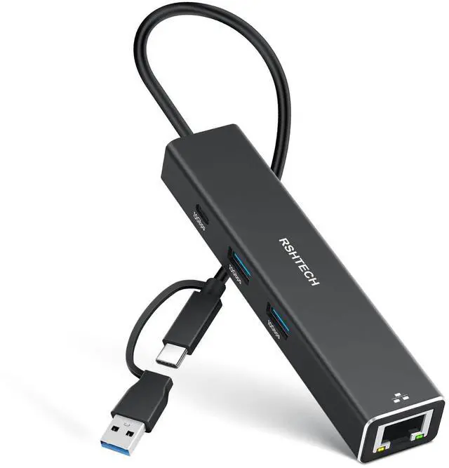 Main image of USB to Ethernet Adapter, RSHTECH USB 3.2 Gen 2 Hub with RJ45 Gigabit Ethernet, 10Gbps USB-C and 2 USB-A Data Ports, Aluminum USB Type C to LAN Network Adapter Splitter for Laptop and PC, RSH-ST310