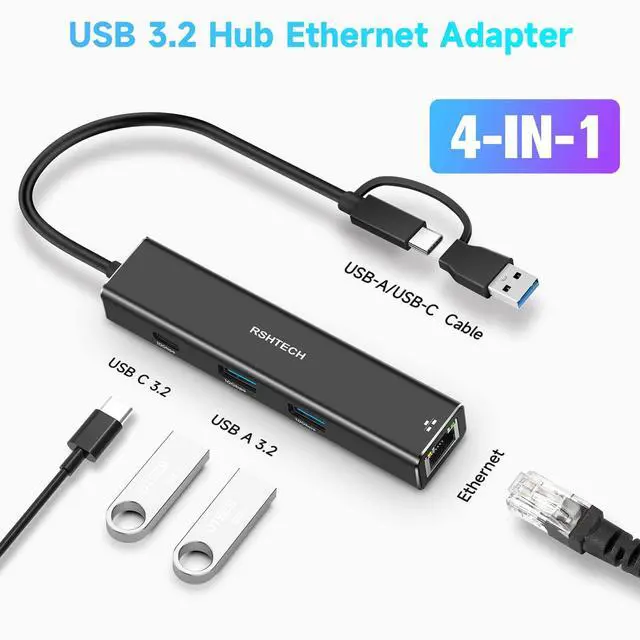 Alt view image 2 of 5 - USB to Ethernet Adapter, RSHTECH USB 3.2 Gen 2 Hub with RJ45 Gigabit Ethernet, 10Gbps USB-C and 2 USB-A Data Ports, Aluminum USB Type C to LAN Network Adapter Splitter for Laptop and PC, RSH-ST310