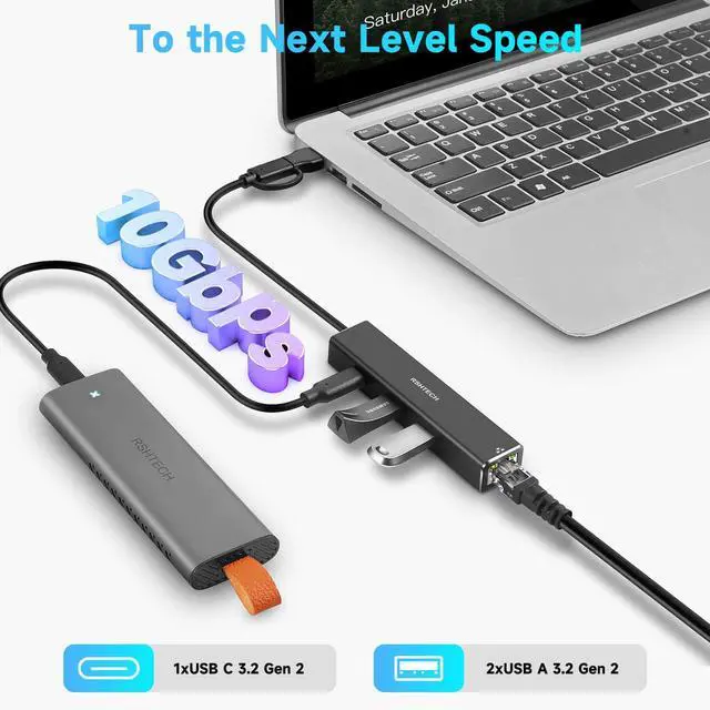 Alt view image 3 of 5 - USB to Ethernet Adapter, RSHTECH USB 3.2 Gen 2 Hub with RJ45 Gigabit Ethernet, 10Gbps USB-C and 2 USB-A Data Ports, Aluminum USB Type C to LAN Network Adapter Splitter for Laptop and PC, RSH-ST310