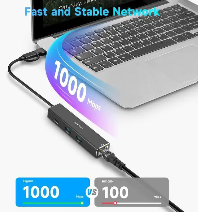 Alt view image 4 of 5 - USB to Ethernet Adapter, RSHTECH USB 3.2 Gen 2 Hub with RJ45 Gigabit Ethernet, 10Gbps USB-C and 2 USB-A Data Ports, Aluminum USB Type C to LAN Network Adapter Splitter for Laptop and PC, RSH-ST310