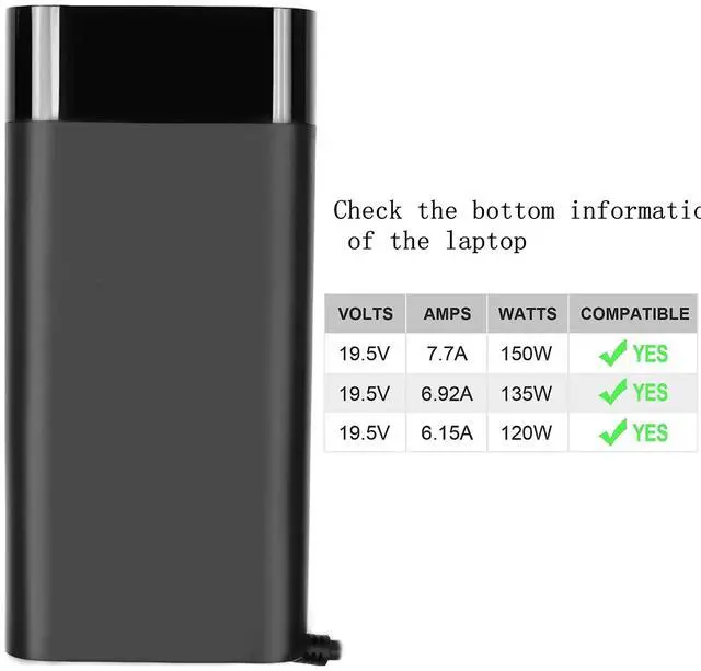 Alt view image 2 of 5 - 150W Adapter Charger for HP ZBook Studio G3 G4 G5 G6 G7 G8 OMEN by Hp Laptop 15 17 Pavilion Gaming 15 17 Zbook 15 G3 G4 G5 G6 Laptop Adapter Power