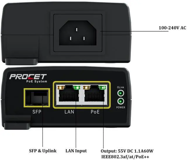 Alt view image 2 of 5 - PROCET Gigabit SFP Fiber PoE Injector up to 60W, Uplink PoE++ Power Injector IEEE802.3af/at Standard Compliance with Surge Protection, Wide Temp -40 to 131 for PTZ Camera, Wireless Access Point