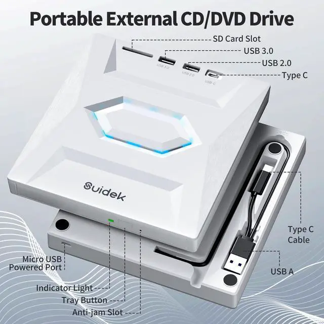 Alt view image 2 of 5 - SUIDEK External CD DVD Drive, Ultra Slim Portable CD Player for Laptop CD DVD +/-RW Burner with SD Card Reader USB 3.0 Type C Hub Compatible with Laptop PC Windows Linux