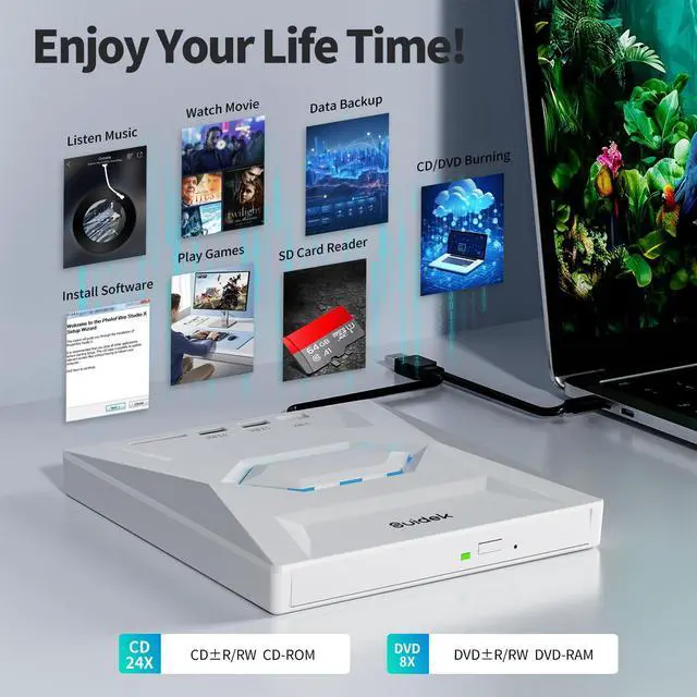 Alt view image 3 of 5 - SUIDEK External CD DVD Drive, Ultra Slim Portable CD Player for Laptop CD DVD +/-RW Burner with SD Card Reader USB 3.0 Type C Hub Compatible with Laptop PC Windows Linux