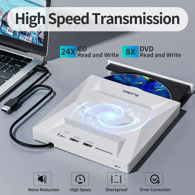 Alt view image 5 of 5 - SUIDEK External CD DVD Drive, Ultra Slim Portable CD Player for Laptop CD DVD +/-RW Burner with SD Card Reader USB 3.0 Type C Hub Compatible with Laptop PC Windows Linux