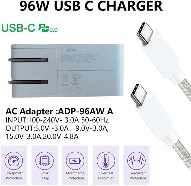 Alt view image 3 of 5 - 96W Fast USB-C Adapter Charger for HP Dragonfly Pro Laptop Chromebook and Other Output 5.0V, 9.0V, 15.0V 3.0A, 20.0V/4.8A, PD3.0 Laptop Adapter | Foldable Plug | UL Certified, White