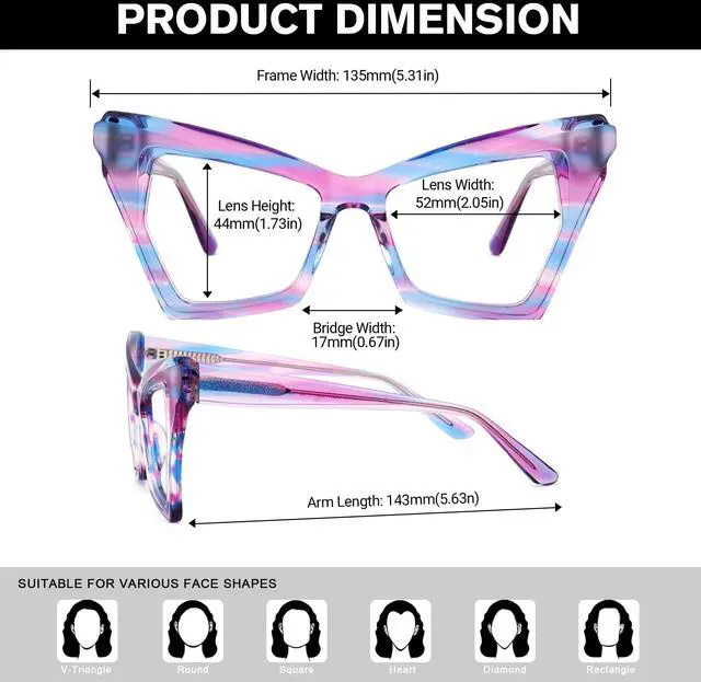 Alt view image 5 of 5 - Zeelool Blue Light Blocking Glasses, Acetate Butterfly Glasses Frame for Women Eyeglasses with Clear Lenses Anti Eyestrain & UV from Computer/TV/Phone ZJGA182714-02B Blue-Purple
