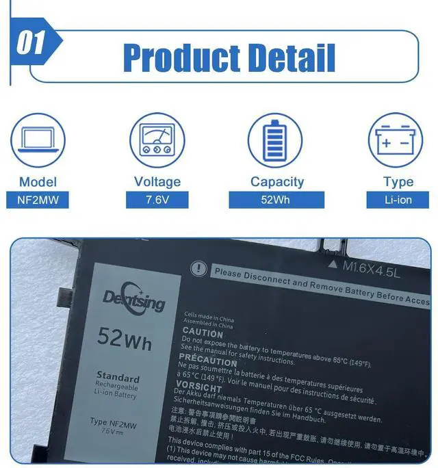 Alt view image 2 of 5 - Dentsing NF2MW Laptop Battery Replace for Dell Latitude 7400 2-in-1 Latitude 14 9410 2-in-1 Series Notebook 7146W 085XM8 08W3YY 0C76H7 C76H7 G8F6M 0G8F6M 02K0CK DJ5GG P110G P110G001 7.6V 52Wh 6500mAh