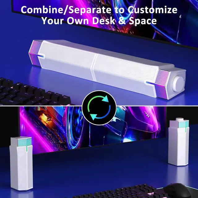 Alt view image 2 of 5 - Jeecoo M20 Bluetooth Computer Speakers for PC Desktop Monitor, Gaming PC Sound Bar - Wired USB-Powered, Superb Stereo Sound, with LED Lighting (White)