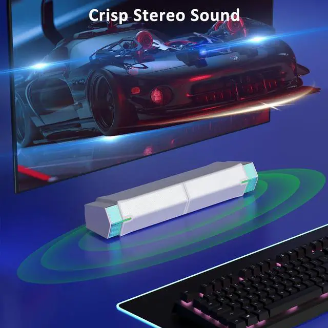 Alt view image 3 of 5 - Jeecoo M20 Bluetooth Computer Speakers for PC Desktop Monitor, Gaming PC Sound Bar - Wired USB-Powered, Superb Stereo Sound, with LED Lighting (White)