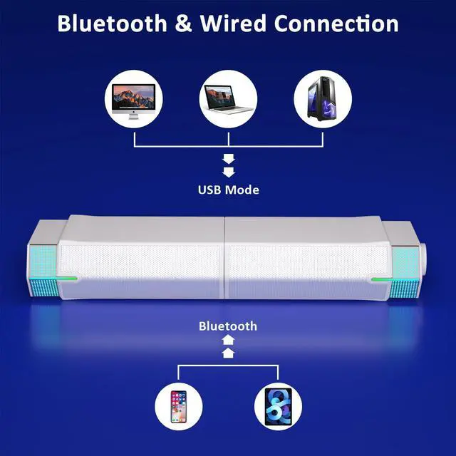 Alt view image 5 of 5 - Jeecoo M20 Bluetooth Computer Speakers for PC Desktop Monitor, Gaming PC Sound Bar - Wired USB-Powered, Superb Stereo Sound, with LED Lighting (White)