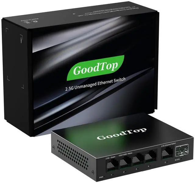 Main image of GoodTop 5 Port 2.5Gb Unmanaged Ethernet Switch with 10G SFP+,5 x 2.5G Base-T Ports Compatible with 10/100/1000Mbps,Plug&Play Metal Fanless Multi-Gigabit Homelab Setup Network Switch,Wall Mountable