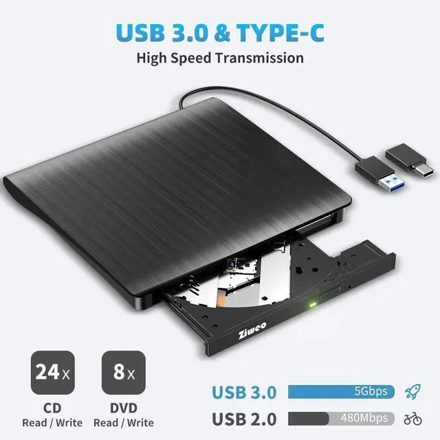 Alt view image 3 of 5 - External USB 3.0 Type-C CD DVD +/-RW Drive - Portable CD ROM Reader & DVD Burner with Protective Carrying Case for Laptop/Desktop PC/Mac/Windows/Linux