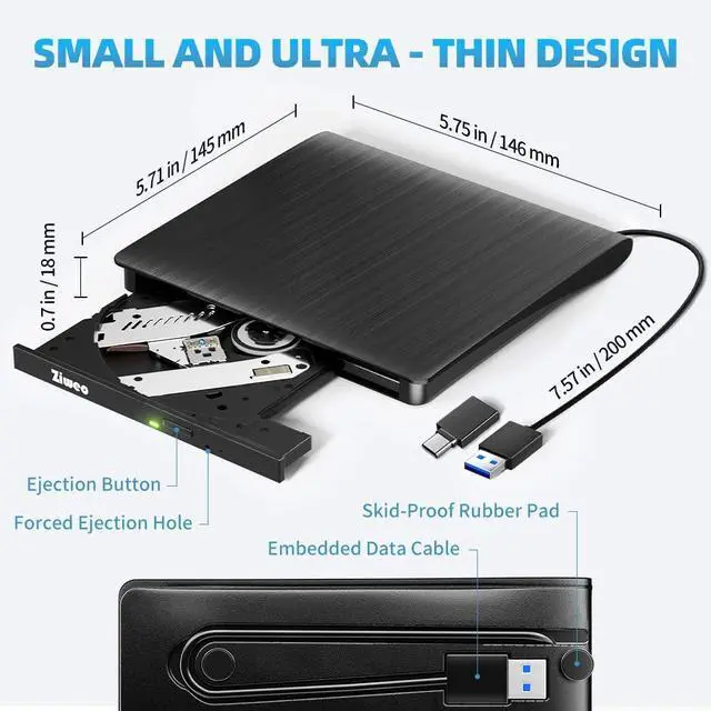 Alt view image 5 of 5 - External USB 3.0 Type-C CD DVD +/-RW Drive - Portable CD ROM Reader & DVD Burner with Protective Carrying Case for Laptop/Desktop PC/Mac/Windows/Linux