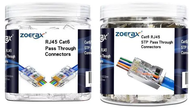 Main image of ZOERAX 100-Pack RJ45 Cat6 Pass Through Connector and 100-Pack Shielded RJ45 Modular Plug