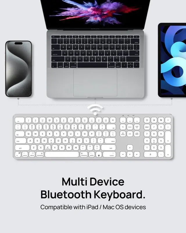 Alt view image 2 of 5 - SODI Wireless Keyboard for Mac with Numeric Keypad, Aluminum Bluetooth Keyboard, Backlit, Rechargeable, Full Size Multimedia Keys Work with MacBook Pro/Air, iMac, iPad, iPhone, US English, Silver