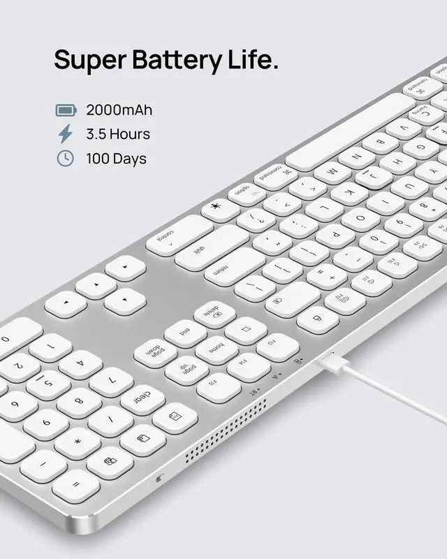 Alt view image 4 of 5 - SODI Wireless Keyboard for Mac with Numeric Keypad, Aluminum Bluetooth Keyboard, Backlit, Rechargeable, Full Size Multimedia Keys Work with MacBook Pro/Air, iMac, iPad, iPhone, US English, Silver