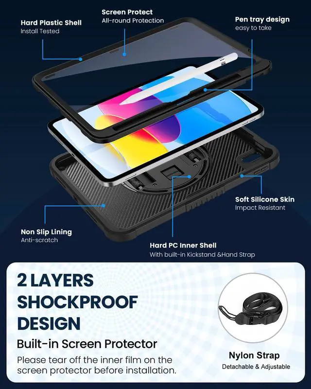 Alt view image 3 of 5 - ZtotopCases for iPad (A16) 11th/10th Generation 11''/10.9'' with Screen Protector, Pen Holder, Handle Shoulder Strap,360 Rotating Stand Rugged Protective Case for iPad 11th Gen 2025(A3354/A3355),Black