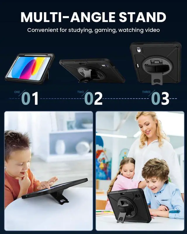 Alt view image 5 of 5 - ZtotopCases for iPad (A16) 11th/10th Generation 11''/10.9'' with Screen Protector, Pen Holder, Handle Shoulder Strap,360 Rotating Stand Rugged Protective Case for iPad 11th Gen 2025(A3354/A3355),Black