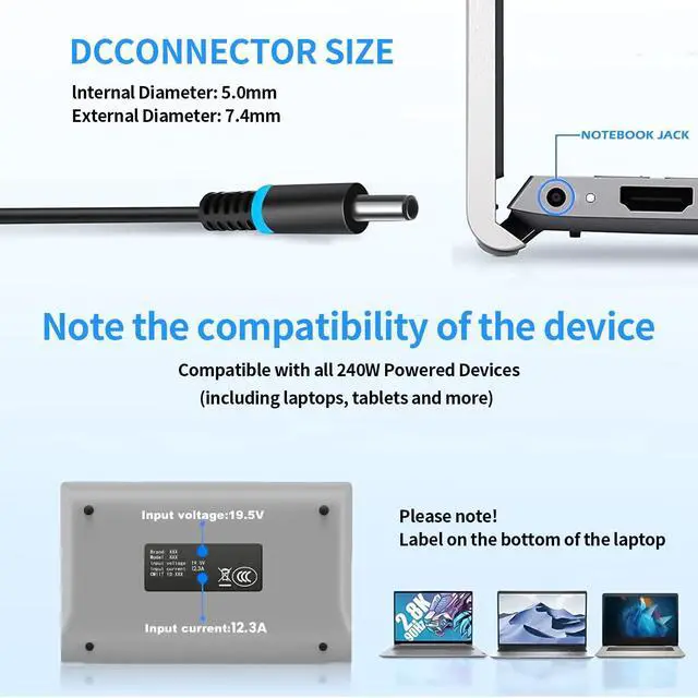 Alt view image 2 of 5 - DECSZDY 240W 19.5V 12.3A Laptop Charger Compatible with Dell Alienware M17 R1 R2 R3 R4 R5 M17X R2 R3 M18X Area-51m R2 G5 G7 Adapter Power