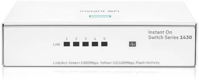 Main image of HPE Networking Instant On Switch Series 1430 5-Port Gb Unmanaged Layer 2 Ethernet Switch | 5X 1G | Fan-Less | US Cord (R8R44A#ABA)