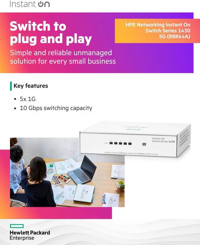 Alt view image 3 of 5 - HPE Networking Instant On Switch Series 1430 5-Port Gb Unmanaged Layer 2 Ethernet Switch | 5X 1G | Fan-Less | US Cord (R8R44A#ABA)