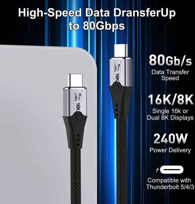 Alt view image 2 of 5 - HOTUTUKI 6.6ft USB-C to USB-C Monitor Cable - 80Gbps Data Transfer, Dual 8K HD Display, 240W Charging, Compatible with Thunderbolt 5/4/3