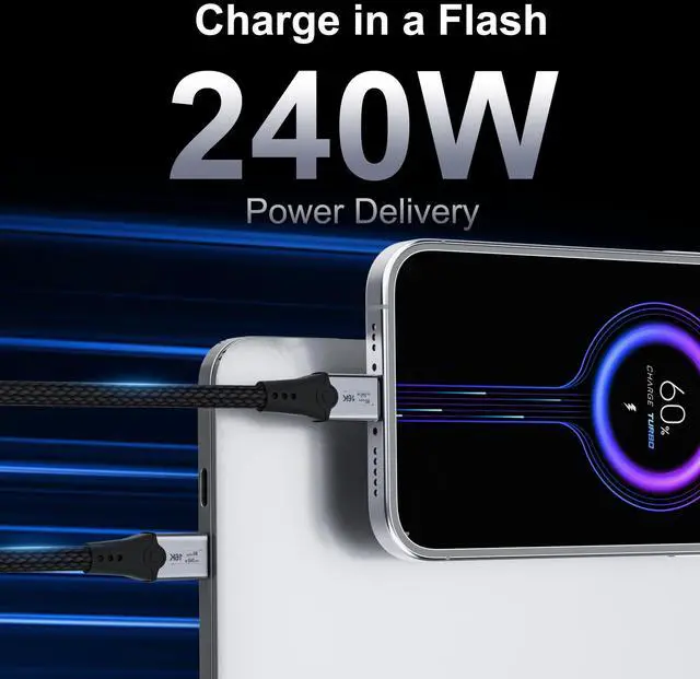 Alt view image 3 of 5 - HOTUTUKI 6.6ft USB-C to USB-C Monitor Cable - 80Gbps Data Transfer, Dual 8K HD Display, 240W Charging, Compatible with Thunderbolt 5/4/3