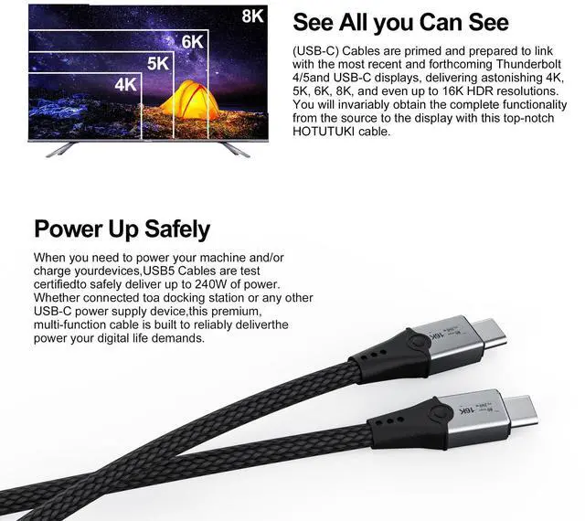 Alt view image 5 of 5 - HOTUTUKI 6.6ft USB-C to USB-C Monitor Cable - 80Gbps Data Transfer, Dual 8K HD Display, 240W Charging, Compatible with Thunderbolt 5/4/3