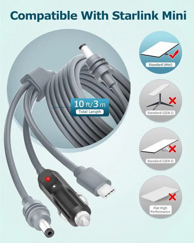 Alt view image 2 of 5 - Starlink Mini Power Cable Cigarette Lighter, Starlink Mini USB C to DC Power Cable for Starlink Mini Accessories 3 in 1 10FT Starlink Mini Cigarette Lighter/Type-C/DC to DC Power Cord 5.5*2.1mm 18AWG