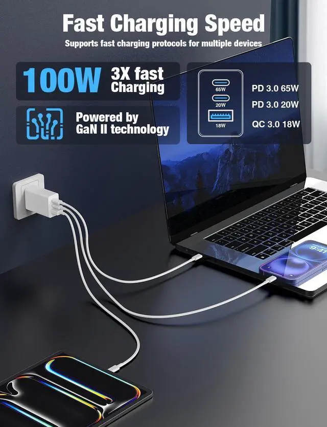 Alt view image 2 of 5 - Hzevn 2Pack 100W USB C Wall Charger Block,3-Port (65w+20W+18w) Super Fast Charging Power Adapter,Multi USB C Charging Hub Plug Cube for MacBook,iPad Pro, Galaxy S25, iPhone 16/15 and More-White