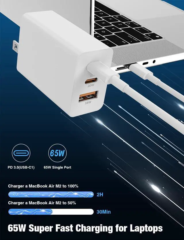 Alt view image 3 of 5 - Hzevn 2Pack 100W USB C Wall Charger Block,3-Port (65w+20W+18w) Super Fast Charging Power Adapter,Multi USB C Charging Hub Plug Cube for MacBook,iPad Pro, Galaxy S25, iPhone 16/15 and More-White