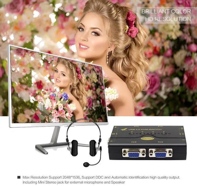 Alt view image 3 of 5 - 4 Port VGA KVM Switch with USB Hub and Audio Support Wireless Keyboard Mouse Connection and Push Button Switching Function