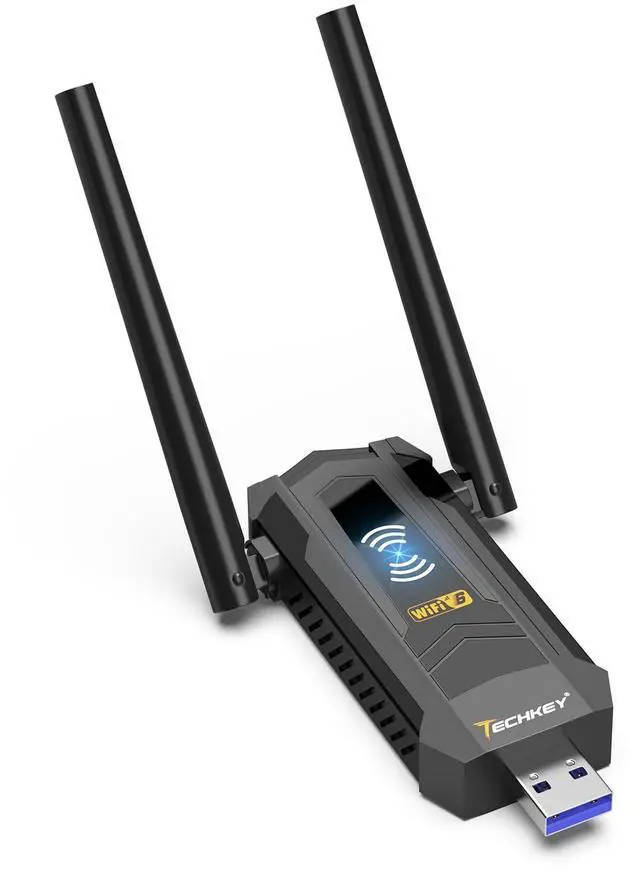 Main image of USB WiFi Adapter for Desktop PC - Techkey AXE5400 Mbps Dual 5Dbi High Gain Antennas WiFi 6E Wireless Dongle Network Adapter with Tri-Band 6GHz/5GHz/2.4GHz for Desktop Laptop Windows Only 11/10/8.1/8