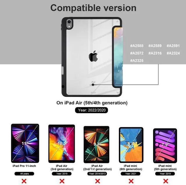 Alt view image 3 of 5 - Batianda Case for 11-inch iPad Air 2024 M2/ iPad Air 5th/4th 10.9 inch [Built-in Pencil Holder] Shockproof Cover with Clear Transparent Back Shell TPU Bumper Auto Sleep/Wake, Watercolor