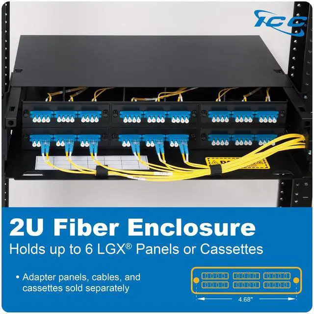 Alt view image 2 of 5 - ICC 2U Fiber Optic Rack Mount Enclosure - 6 Slots for LGX Compatible Adapter Panels or Cassettes, Supports up to 144 Fibers, Fits 19-Inch Racks, Secure Fiber Management Solution, ICFORE62RM