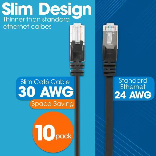 Alt view image 2 of 5 - Intellinet Slim Cat6 Ethernet Network Patch Cable - 10-Pack - 10Gbps & 250MHz, Snagless Boot, 30AWG Pure Bare Copper Wire, Gold-Plated Contacts, Lifetime Mfg Warranty - 7ft, 10 Pack, Black