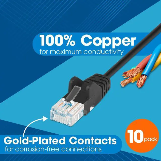 Alt view image 4 of 5 - Intellinet Slim Cat6 Ethernet Network Patch Cable - 10-Pack - 10Gbps & 250MHz, Snagless Boot, 30AWG Pure Bare Copper Wire, Gold-Plated Contacts, Lifetime Mfg Warranty - 7ft, 10 Pack, Black