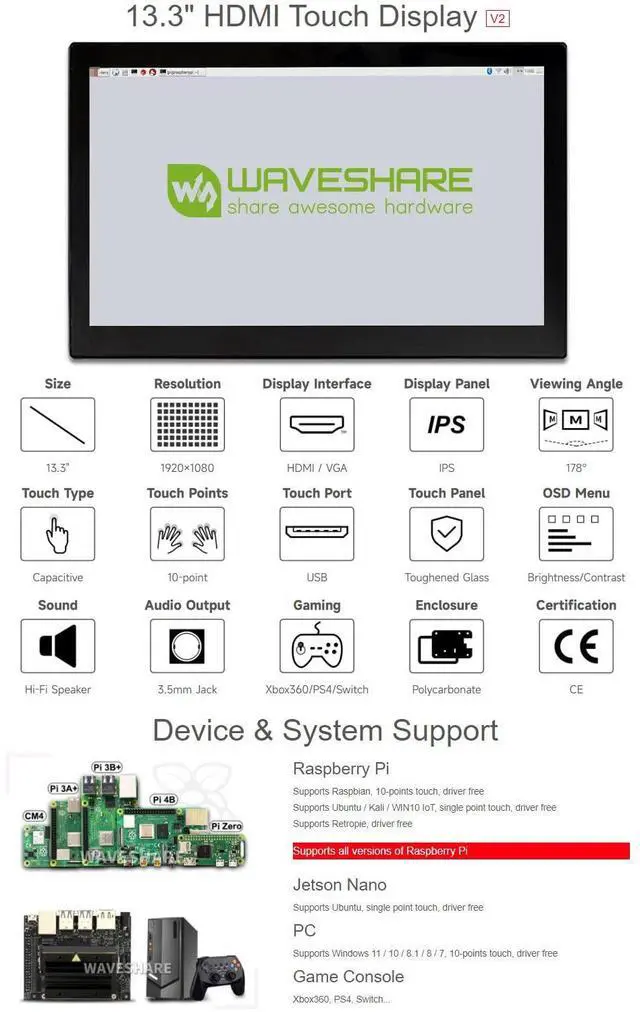 Alt view image 3 of 5 - waveshare 13.3inch Capacitive Touch Screen LCD V1, with Case and Toughened Glass Cover, 1920×1080, HDMI, IPS,