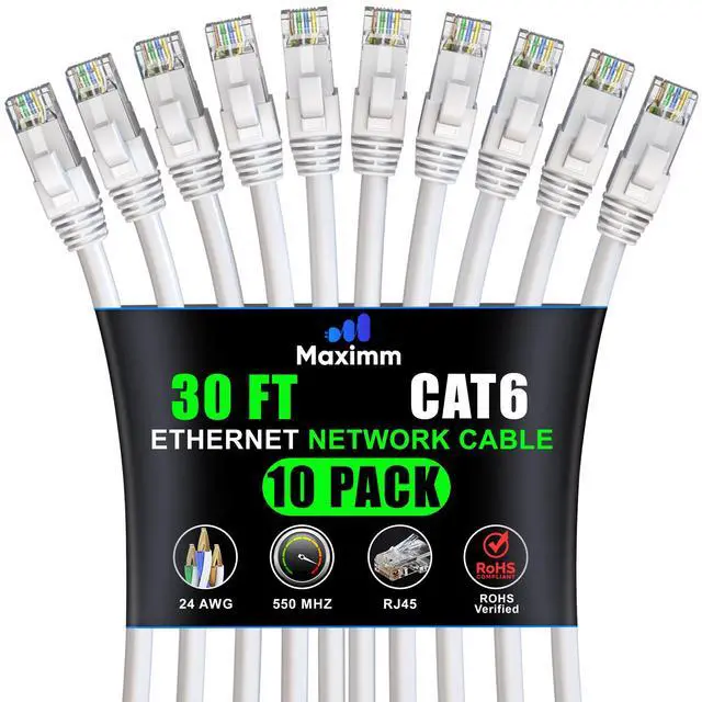 Main image of Maximm Cat 6 Ethernet Cable 30 ft (10-Pack) - High-Speed LAN Cable, Internet Cable, Patch Cable, and Network Cable - UTP, 10Gbps, 550MHz Ethernet Cord - White