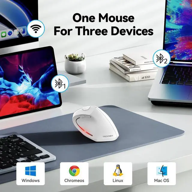 Alt view image 2 of 5 - TECKNET Ergonomic Mouse, Wireless Bluetooth Vertical Mouse, 4800 DPI Optical Tracking, 6 Adjustable DPI, Quiet Clicks, 2.4GHz with USB A Receiver, 6 Buttons, Wide Compatibility - White