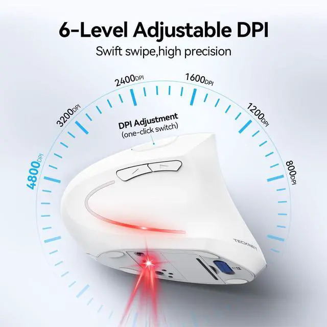 Alt view image 3 of 5 - TECKNET Ergonomic Mouse, Wireless Bluetooth Vertical Mouse, 4800 DPI Optical Tracking, 6 Adjustable DPI, Quiet Clicks, 2.4GHz with USB A Receiver, 6 Buttons, Wide Compatibility - White