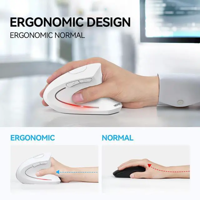 Alt view image 4 of 5 - TECKNET Ergonomic Mouse, Wireless Bluetooth Vertical Mouse, 4800 DPI Optical Tracking, 6 Adjustable DPI, Quiet Clicks, 2.4GHz with USB A Receiver, 6 Buttons, Wide Compatibility - White