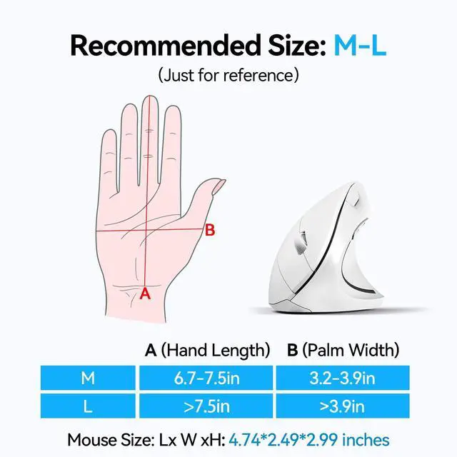 Alt view image 5 of 5 - TECKNET Ergonomic Mouse, Wireless Bluetooth Vertical Mouse, 4800 DPI Optical Tracking, 6 Adjustable DPI, Quiet Clicks, 2.4GHz with USB A Receiver, 6 Buttons, Wide Compatibility - White