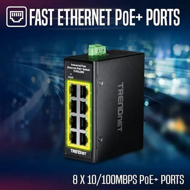 Alt view image 3 of 5 - TRENDnet 8-Port Industrial Fast Ethernet PoE+ DIN-Rail Mini Switch, TI-PELC80, NDAA + TAA Compliant, 8 x 10/100Mbps PoE+ Ports, 200W PoE+ Power Budget, 1.6Gbps Switching Capacity