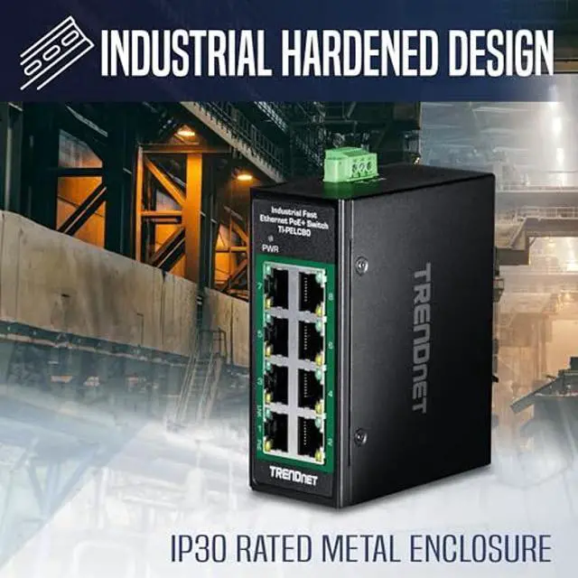 Alt view image 4 of 5 - TRENDnet 8-Port Industrial Fast Ethernet PoE+ DIN-Rail Mini Switch, TI-PELC80, NDAA + TAA Compliant, 8 x 10/100Mbps PoE+ Ports, 200W PoE+ Power Budget, 1.6Gbps Switching Capacity